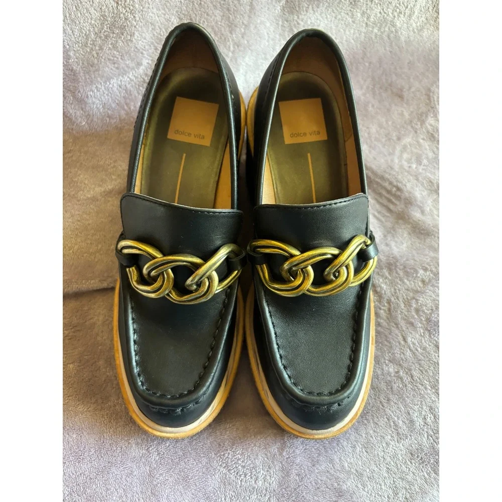 Dolce Vita Women Black Leather Chain Link Platform Wedge Loafers Size 6.5 - Picture 8 of 8